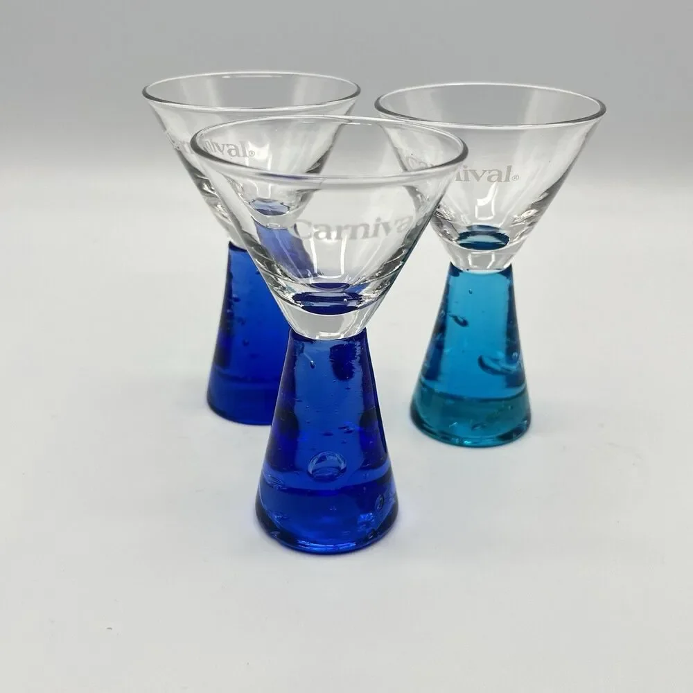 CARNIVAL CRUISE SHIP COBALT BLUE FACETED BASE SHOT MARTINI GLASSES - Set Of 3